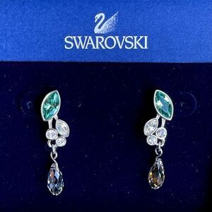 (NEW) Swarovski Drop Pierced Earrings, Green/White, Rhodium and Crystal- Plated